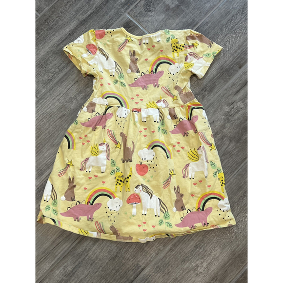 Girls Yellow Unicorn Dinosaur Rainbow Dress Cotton Playwear Cute Fun - Picture 2 of 3